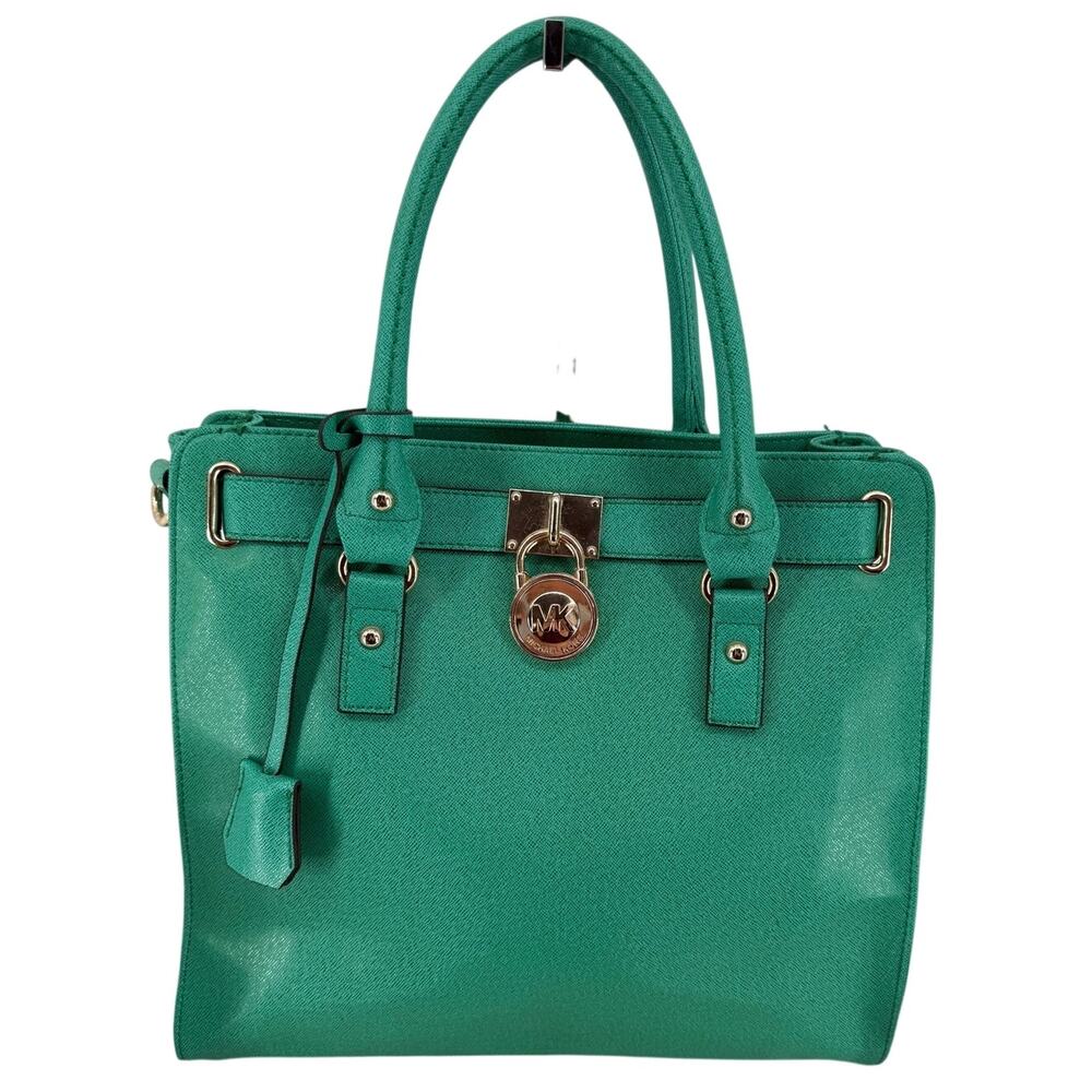 Michael Kors Hamilton Tote Teal Saffiano Leather Satchel Shoulder Bag Lock Charm